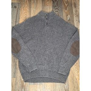 Chaps Mens Gray Cotton Knit Mock Neck Button Sweater with Elbow Patches Large